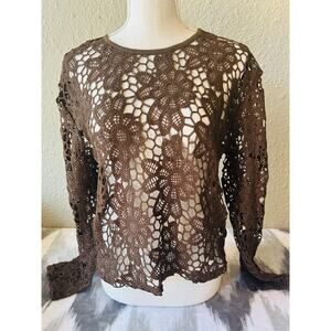 Crochet Lace Floral Top Women’s M Brown Boho Long Sleeve Cottage Core Western